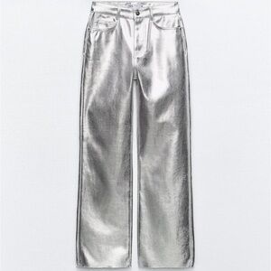 Zara High Rise Straight Cut Metallic Jeans